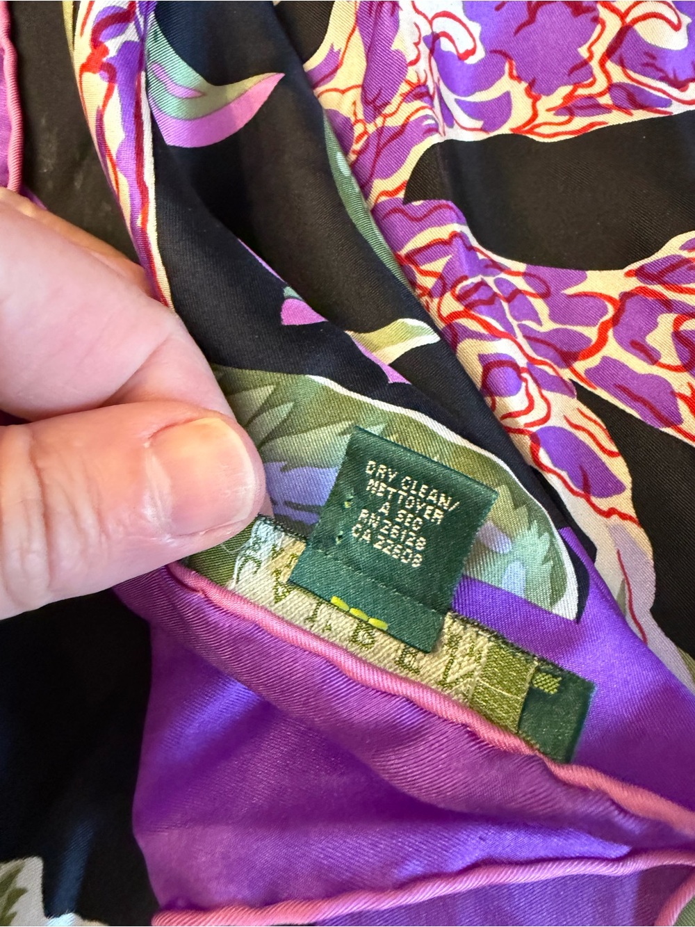 Vintage Ralph Lauren Black Tropical Birds Silk Scarf with Purple Border 90's - Picture 7 of 8